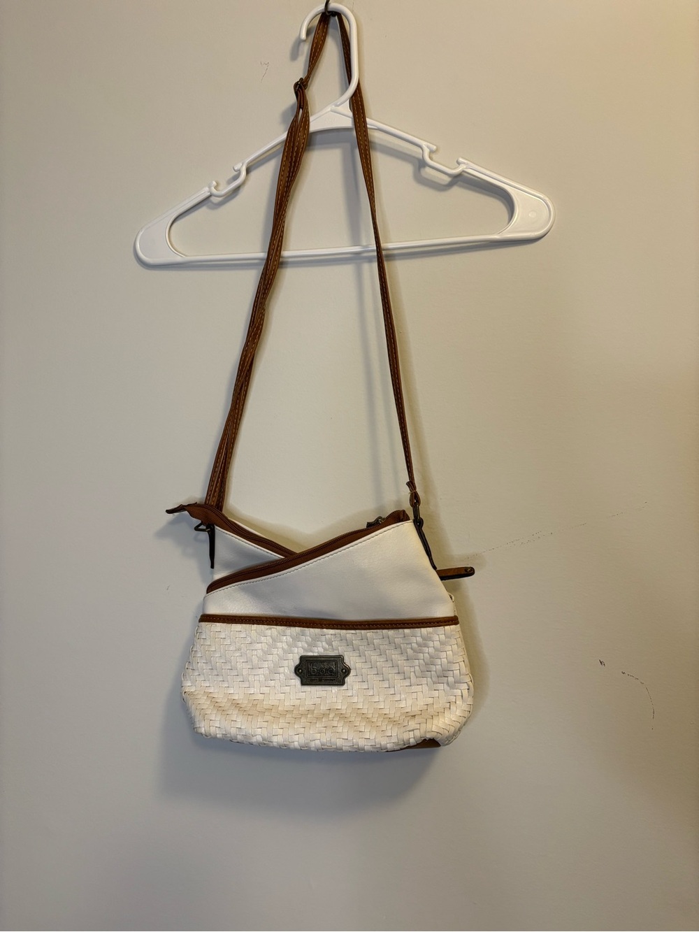 boc White and Brown Crossbody Bag with Woven Front